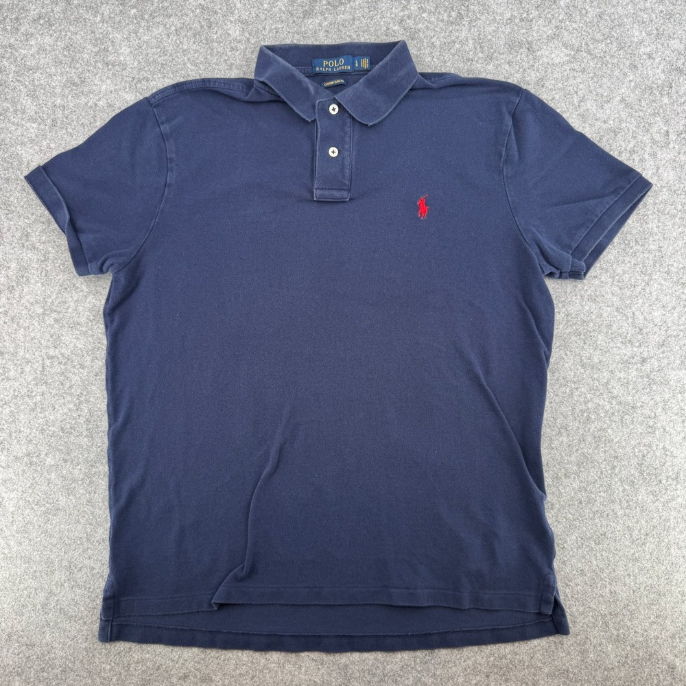 Polo Ralph Lauren Polo Shirt Mens L Custom Slim Fit Navy Blue Short Sleeve